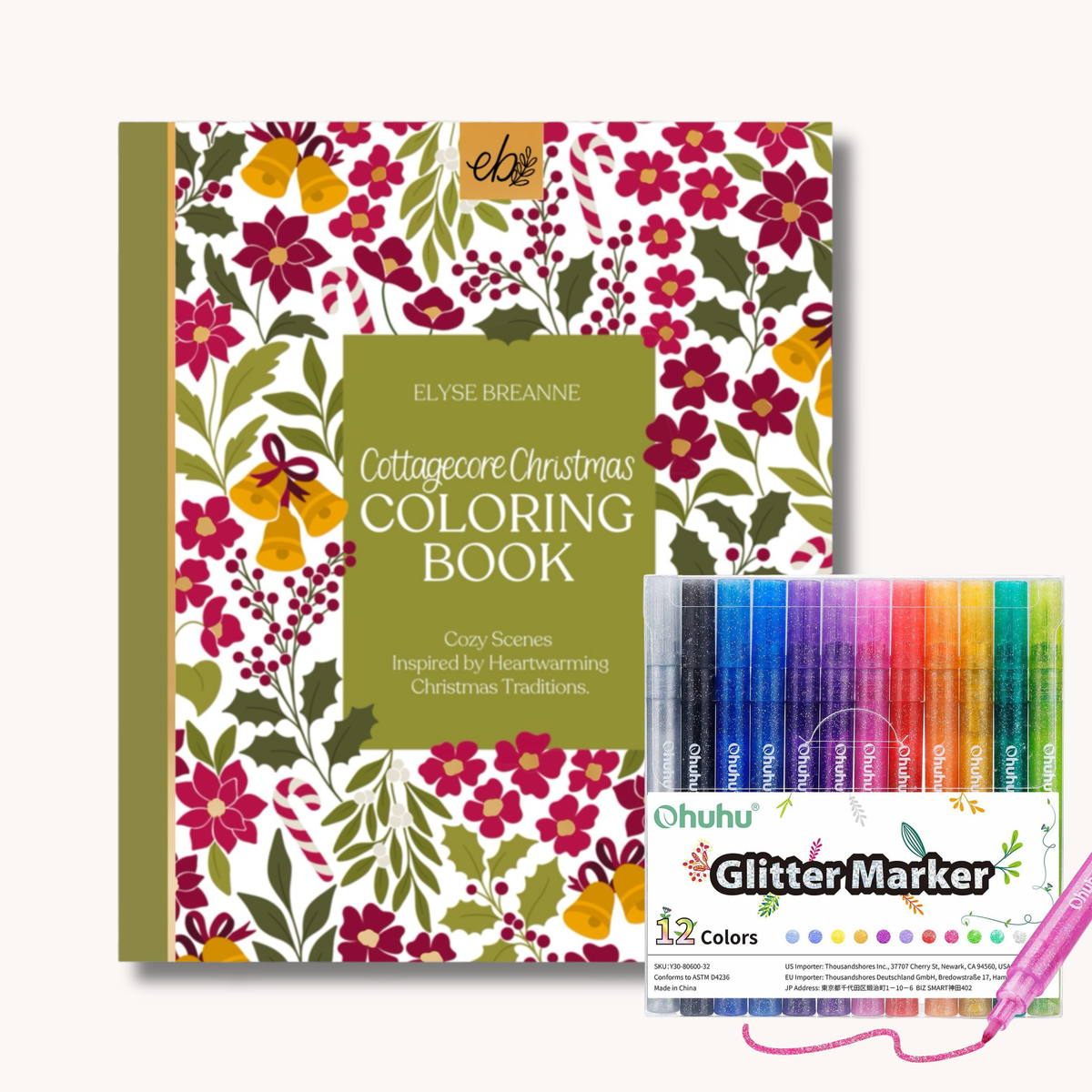 Cottagecore Christmas Coloring Book and Glitter Markers Bundle