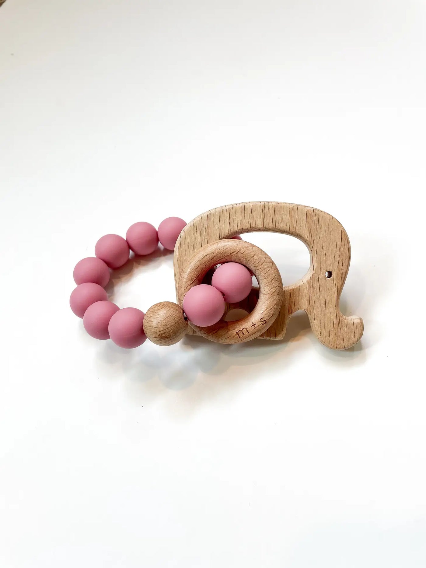Pink Elephant Teether, Silicone and Beech Wood