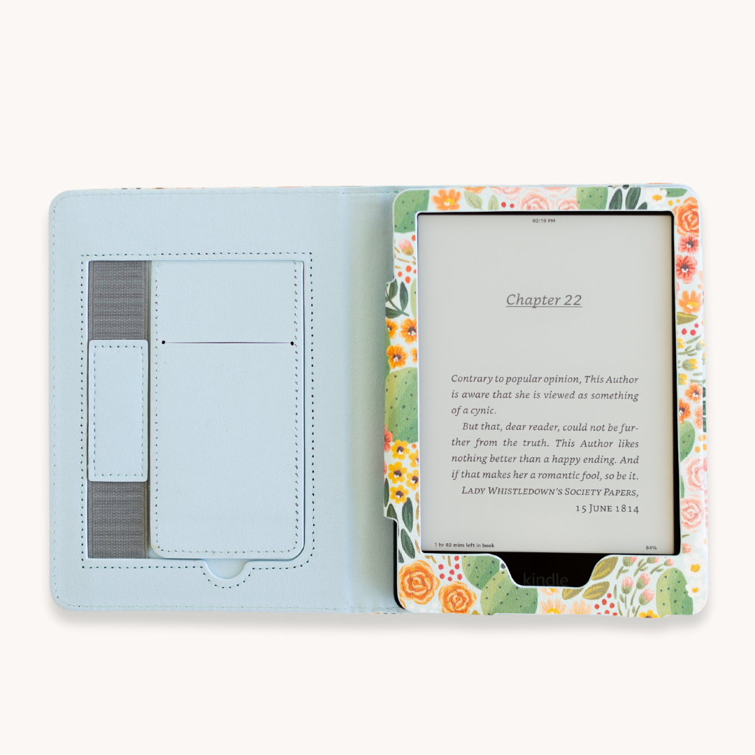 Cactus Blooms Kindle Case – Elegant Faux Leather with Kickstand