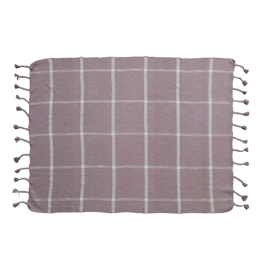 Woven Cotton Throw w/ Lilac Grid Pattern & Braided Fringe