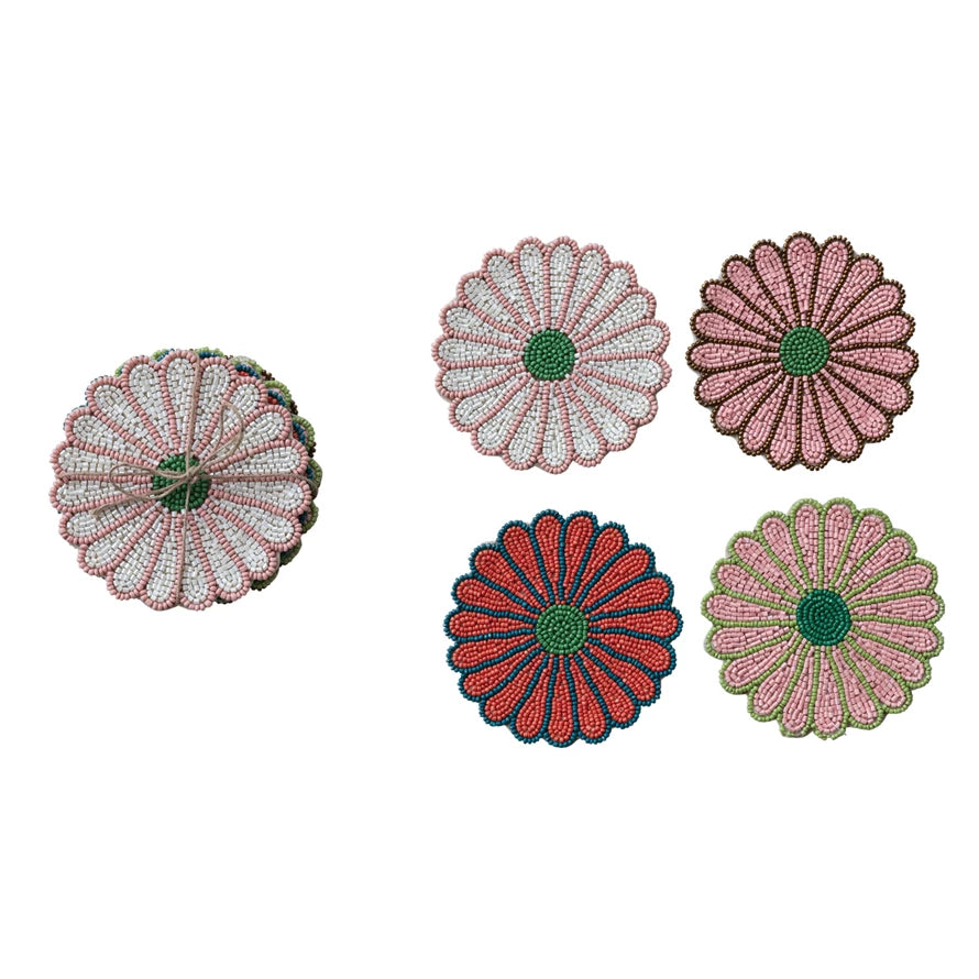 Beaded Flower Shaped Coasters, Set of 4