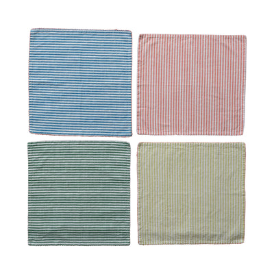 Striped Cotton Napkins with Stitched Colored Trim, Set of 4