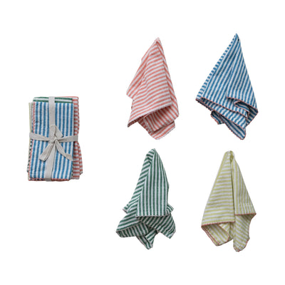 Striped Cotton Napkins with Stitched Colored Trim, Set of 4